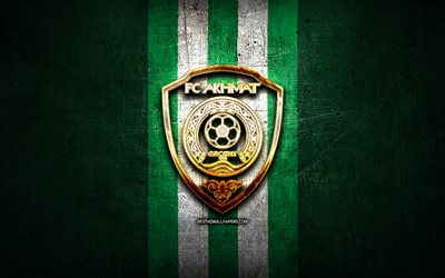 Akhmat Grozny FC, golden logo, Russian Premier League, green metal background, football, FC Akhmat Grozny, russian football club, Akhmat Grozny logo, soccer, Russia