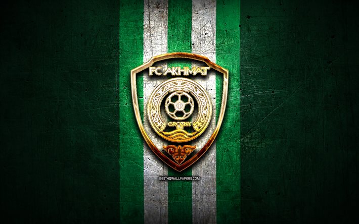 Akhmat Grozny FC, de oro logotipo, Russian Premier League, verde metal de fondo, el f&#250;tbol, el FC Akhmat Grozny, rusia club de f&#250;tbol, Akhmat Grozny logotipo, f&#250;tbol, Rusia