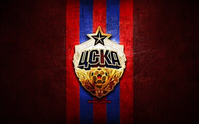 CSKA FC, altın logo, Rusya Premier Lig, kırmızı metal arka plan, futbol, FC CSKA, Rus Futbol Kul&#252;b&#252;, CSKA logo, Rusya