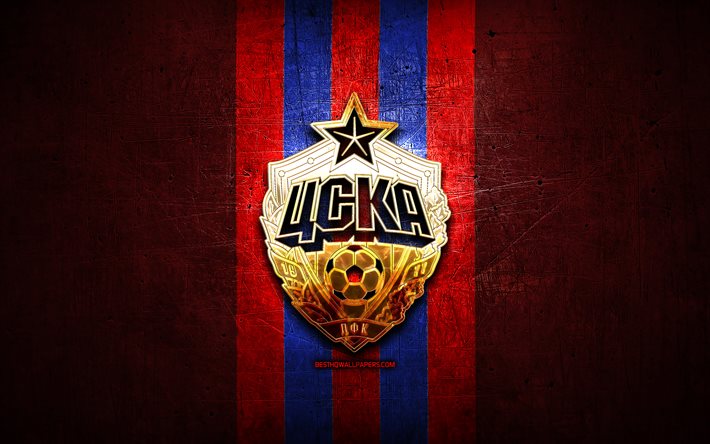 El CSKA de FC, de oro logotipo, Russian Premier League, de metal rojo de fondo, el f&#250;tbol, el FC CSKA, club de f&#250;tbol de rusia, el CSKA de logotipo, f&#250;tbol, Rusia