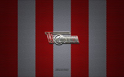 FC Union Berlin logo, İngiliz Futbol Kul&#252;b&#252;, metal amblem, kırmızı-beyaz metal kafes arka plan, FC Union Berlin, Bundesliga, Berlin, Almanya, futbol