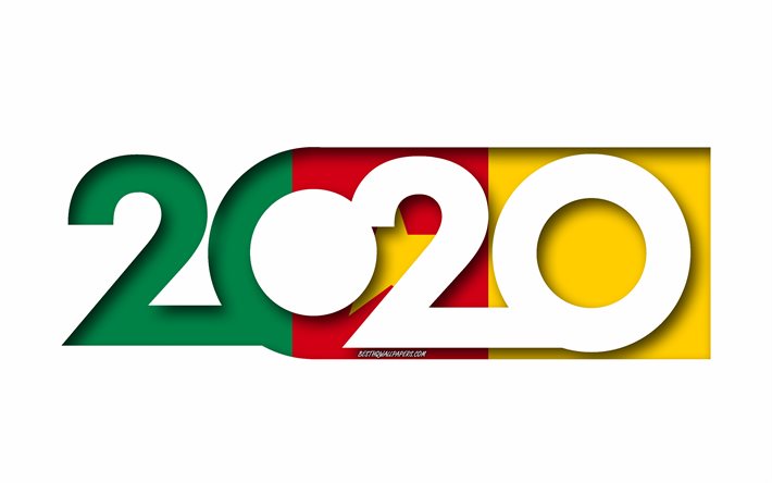 Kamerun 2020, Flaggan i Kamerun, vit bakgrund, Kamerun, 3d-konst, 2020 begrepp, Kamerun flagga, 2020 Nytt &#197;r, 2020 Kamerun flagga