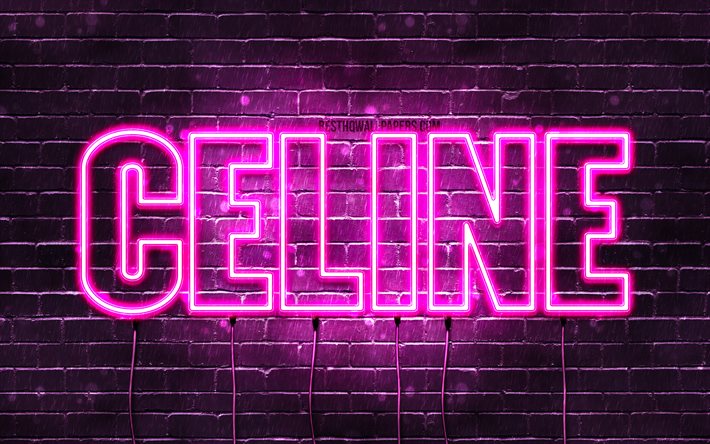 Celine, 4k, taustakuvia nimet, naisten nimi&#228;, Celine nimi, violetti neon valot, vaakasuuntainen teksti, kuva Celine nimi