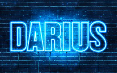 داريوس, 4k, خلفيات أسماء, نص أفقي, داريوس اسم, الأزرق أضواء النيون, صورة مع داريوس اسم