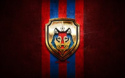 Tambov FC, golden logo, Russian Premier League, red metal background, football, FC Tambov, russian football club, Tambov logo, soccer, Russia