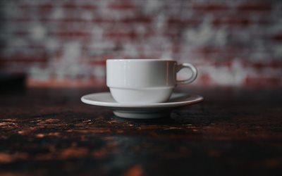 カップ、テーブル, 白いカップ, 木製のテーブル, 一杯のコーヒー, コーヒーの概念