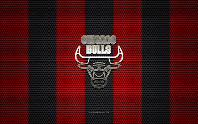 Chicago Bulls logo, American basketball club, metal emblem, red-black metal mesh background, Chicago Bulls, NBA, Chicago, Illinois, USA, basketball