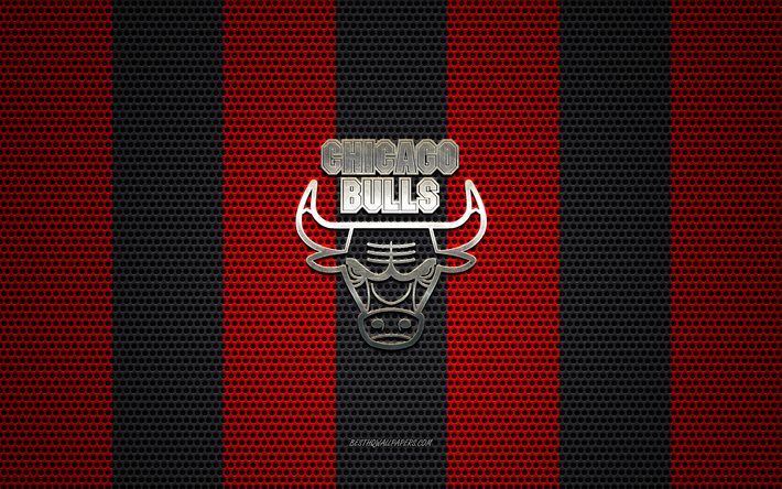chicago bulls logo der amerikanischen basketball-club, metall-emblem, red-black-metal-mesh-hintergrund, chicago bulls, nba, chicago, illinois, usa, basketball
