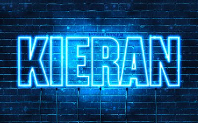 Kieran, 4k, fondos de pantalla con los nombres, el texto horizontal, Kieran nombre, luces azules de ne&#243;n, imagen con Kieran nombre
