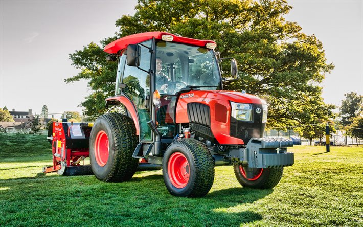 Kubota L2602, picking grass, 2020 tractors, agricultural machinery, orange tractor, HDR, harvest, agriculture, Kubota