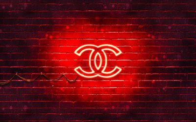 Chanel logo rouge, 4k, rouge brickwall, Chanel logo, marques, Chanel n&#233;on logo Chanel