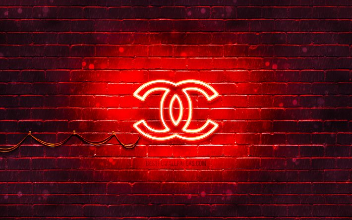 Chanel logo rouge, 4k, rouge brickwall, Chanel logo, marques, Chanel n&#233;on logo Chanel