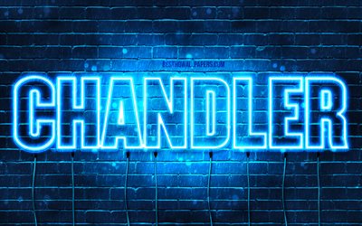 Chandler, 4k, tapeter med namn, &#246;vergripande text, Chandler namn, bl&#229;tt neonljus, bild med Chandler namn