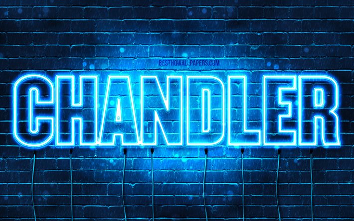 Chandler, 4k, pap&#233;is de parede com os nomes de, texto horizontal, Chandler nome, luzes de neon azuis, imagem com Chandler nome