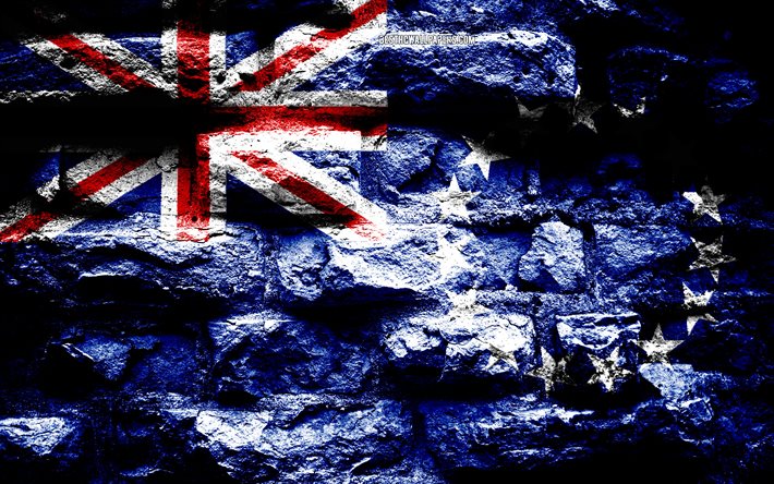 Cook Islands flag, grunge brick texture, Flag of Cook Islands, flag on brick wall, Cook Islands, flags of Oceania countries