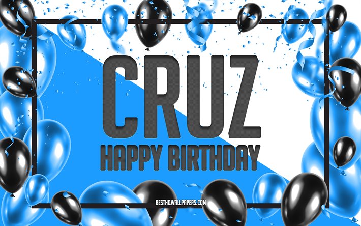 Joyeux Anniversaire Cruz, Anniversaire &#224; Fond les Ballons, Cruz, fonds d&#39;&#233;cran avec des noms, Cruz Joyeux Anniversaire, Ballons Bleus Anniversaire arri&#232;re-plan, carte de voeux, carte Anniversaire Cruz