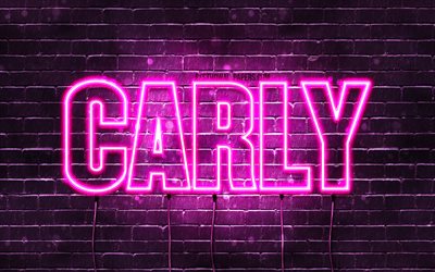 Carly, 4k, wallpapers with names, female names, Carly name, purple neon lights, horizontal text, picture with Carly name