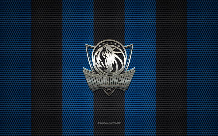 Dallas Mavericks logo, American basketball club, metal emblem, blue-black metal mesh background, Dallas Mavericks, NBA, Dallas, Texas, USA, basketball