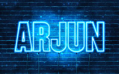 Arjun, 4k, pap&#233;is de parede com os nomes de, texto horizontal, Arjun nome, luzes de neon azuis, imagem com Arjun nome