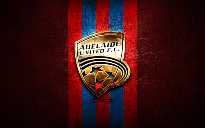 Adelaide United FC, golden logo, A-League, red metal background, football, Adelaide United, Australian football club, Adelaide United logo, soccer, Australia