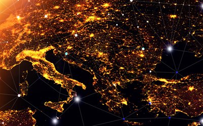 Europa desde el espacio, la Europa en la noche, conceptos de redes, la tecnolog&#237;a digital, las luces de la ciudad desde el espacio, la red social de los conceptos, la tecnolog&#237;a de la comunicaci&#243;n