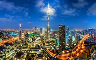 burj khalifa, panorama, wolkenkratzer, vereinigte arabische emirate, nachtaufnahmen, stadtansichten, dubai, uae