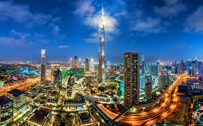 O Burj Khalifa, panorama, arranha-c&#233;us, Emirados &#193;rabes Unidos, noturnas, paisagens de cidade, Dubai, EMIRADOS &#225;rabes unidos
