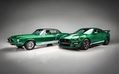 1968, Shelby EXP 500 Green Hornet, 2020, Ford Mustang Shelby GT500, verde desportivas coupes, evolu&#231;&#227;o Ford Mustang, american carros esportivos, Ford