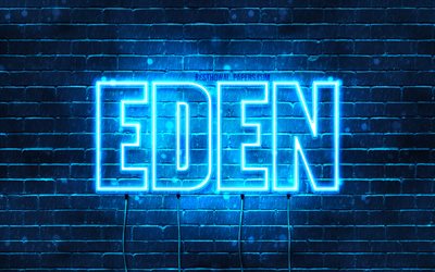 Eden, 4k, les papiers peints avec les noms, le texte horizontal, Eden nom, bleu n&#233;on, photo avec Eden nom