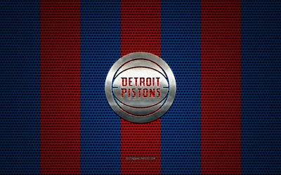 Detroit Pistons logo, American basketball club, metal emblem, blue-red metal mesh background, Detroit Pistons, NBA, Detroit, Michigan, USA, basketball