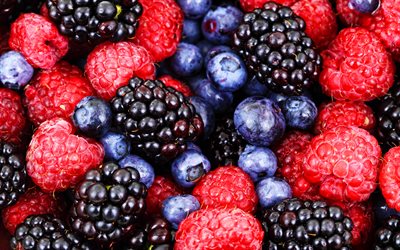 4k, raspberries, blackberries, blueberries, macro, berries, food textures, fresh fruits, fresh berries