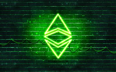 Ethereum green logo, 4k, green brickwall, Ethereum logo, cryptocurrency, Ethereum neon logo, cryptocurrency signs, Ethereum