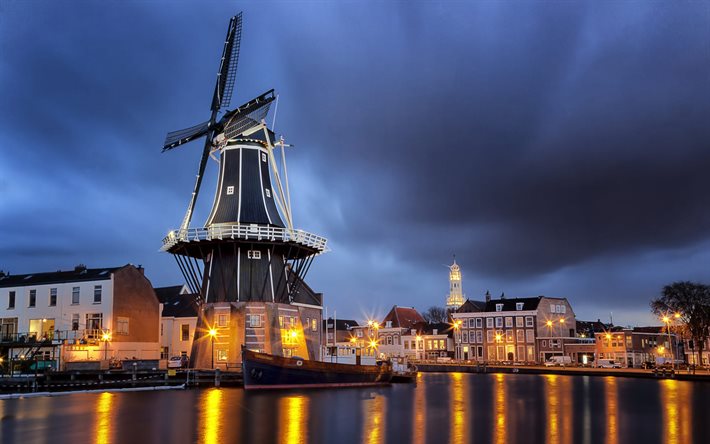 Haarlem, mill, nightscapes, Sparne River, Netherlands, Europe, dutch cities, Haarlem at night