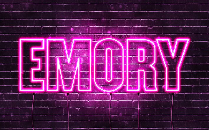 Emory, 4k, pap&#233;is de parede com os nomes de, nomes femininos, Emory nome, roxo luzes de neon, texto horizontal, imagem com Emory nome