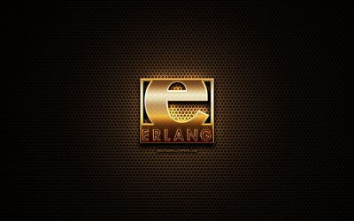 Erlang glitter logo, programming language, grid metal background, Erlang, creative, programming language signs, Erlang logo