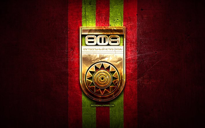 Ufa FC, golden logotyp, Ryska Premier League, red metal bakgrund, fotboll, FC Ufa, ryska fotbollsklubb, Ufa logotyp, Ryssland