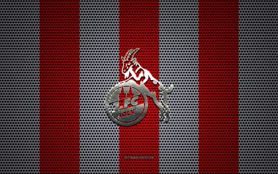 FC Koln logo, English football club, metal emblem, красно белый metal mesh background, FC Koln, Bundesliga, Cologne, Germany, football