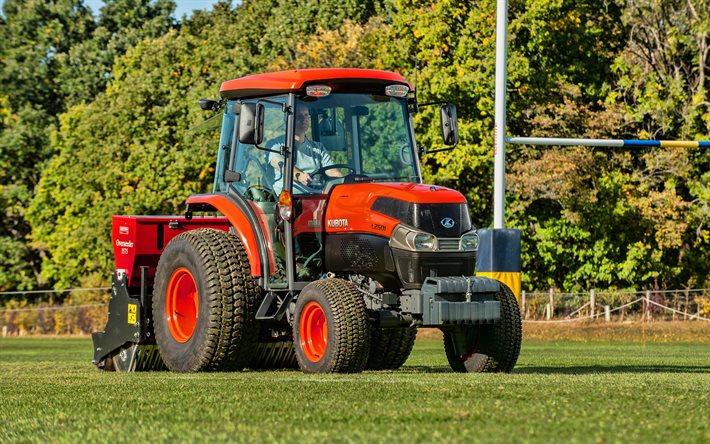 4k, Kubota L2501, recoger hierba, 2020 tractores, naranja tractor, HDR, maquinaria agr&#237;cola, la cosecha, la agricultura, Kubota