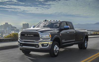 Dodge Ram 3500, 2020, Limited Crew Cab Dually, front view, exterior, new gray Ram 3500, american cars, Dodge
