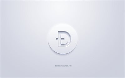 Dogecoin logo, 3d logo bianco, 3d, arte, sfondo bianco, cryptocurrency, Dogecoin, finanza concetti, affari, Dogecoin logo 3d