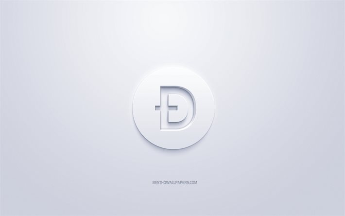 Dogecoin logo, 3d white logo, 3d art, white background, cryptocurrency, Dogecoin, finance concepts, business, Dogecoin 3d logo