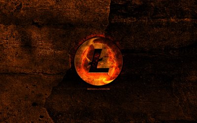 Litecoin fiery logo, arancione pietra, sfondo, creativo, Litecoin logo, cryptocurrency, Litecoin