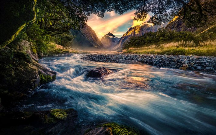 ニュージーランド, 美しい自然, 夕日, 川, 山々, Taranaki