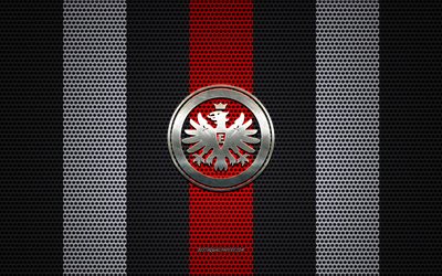 L&#39;Eintracht di Francoforte, logo, club di calcio inglese, metallo emblema, in bianco e nero di maglia di metallo sfondo, Eintracht Francoforte, Bundesliga, Francoforte, in Germania, il calcio