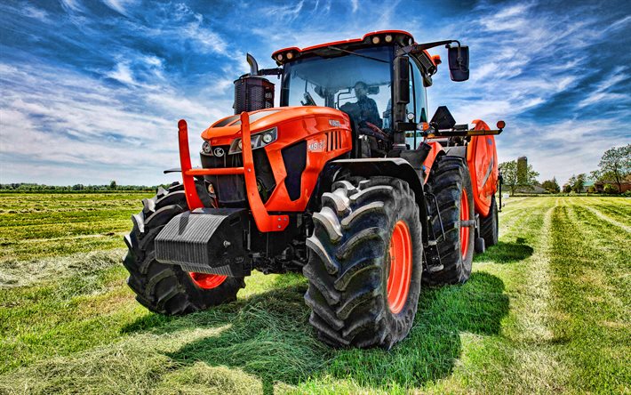 Kubota M8-211, 4k, ramasser de l&#39;herbe, horizon 2020 tracteurs, de machines agricoles, orange tracteur, HDR, de la r&#233;colte, de l&#39;agriculture, de l&#39;Kubota