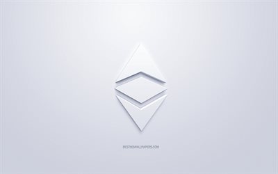 Ethereum logo, 3d white logo, 3d art, white background, cryptocurrency, Ethereum, finance concepts, business, Ethereum 3d logo
