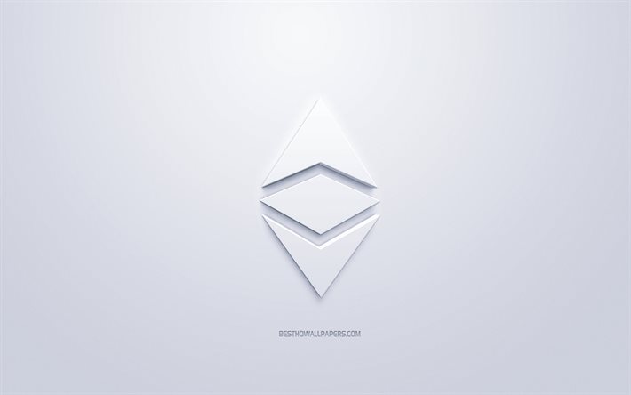 Ethereum logo, 3d white logo, 3d art, white background, cryptocurrency, Ethereum, finance concepts, business, Ethereum 3d logo