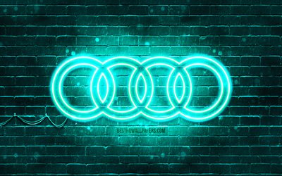 Audi turkuaz logo, 4k, turkuaz brickwall, Audi logosu, araba, marka, Audi neon logo, Audi