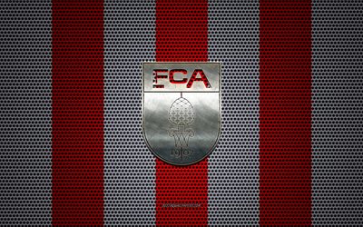 FC Augsburg-logotyp, Engelska football club, metall emblem, r&#246;d och vit metall mesh bakgrund, FC Augsburg, Bundesliga, Augsburg, Tyskland, fotboll