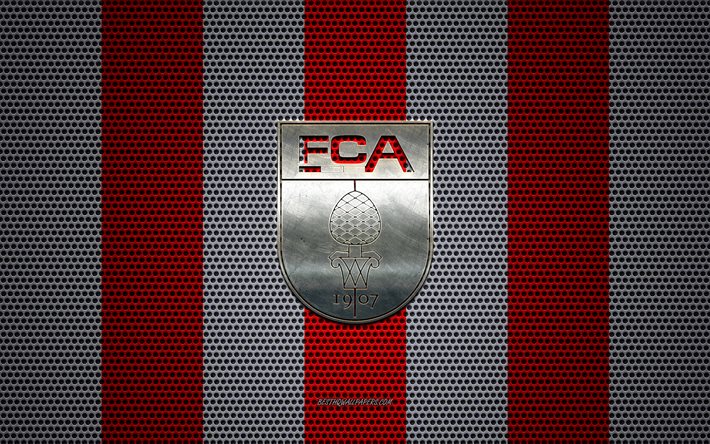 FC Augsburg logo, English football club, metal emblem, red and white metal mesh background, FC Augsburg, Bundesliga, Augsburg, Germany, football